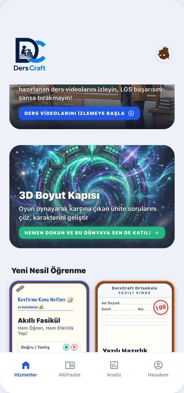 DersCraft ana ekran — 3D boyut kapısı ve akıllı fasikül kartları