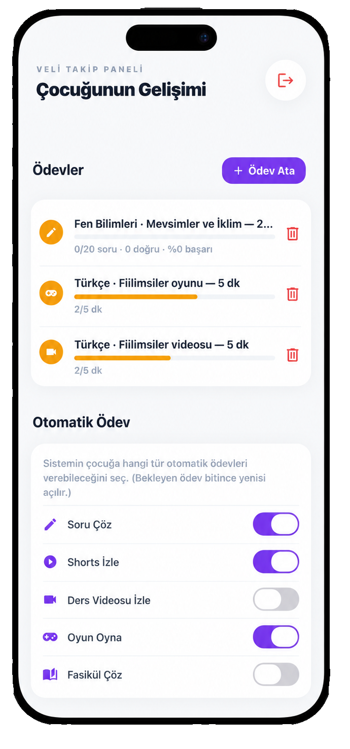 Veli paneli — ödev verme sistemi ve otomatik ödev ayarları